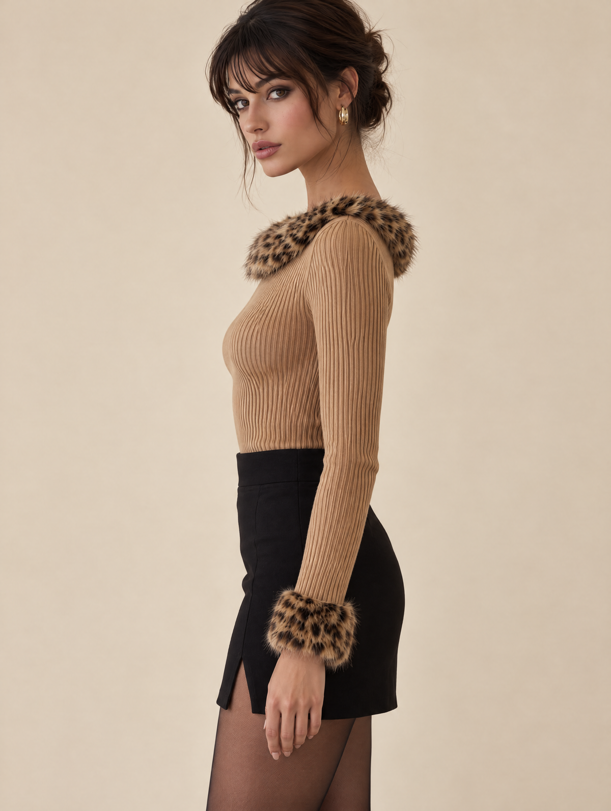 Leopard Fur Collar Camel Ribbed Knit Top