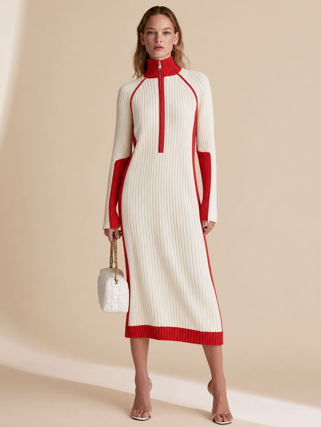 Red And White Color-block Long Dress With A Zip Collar