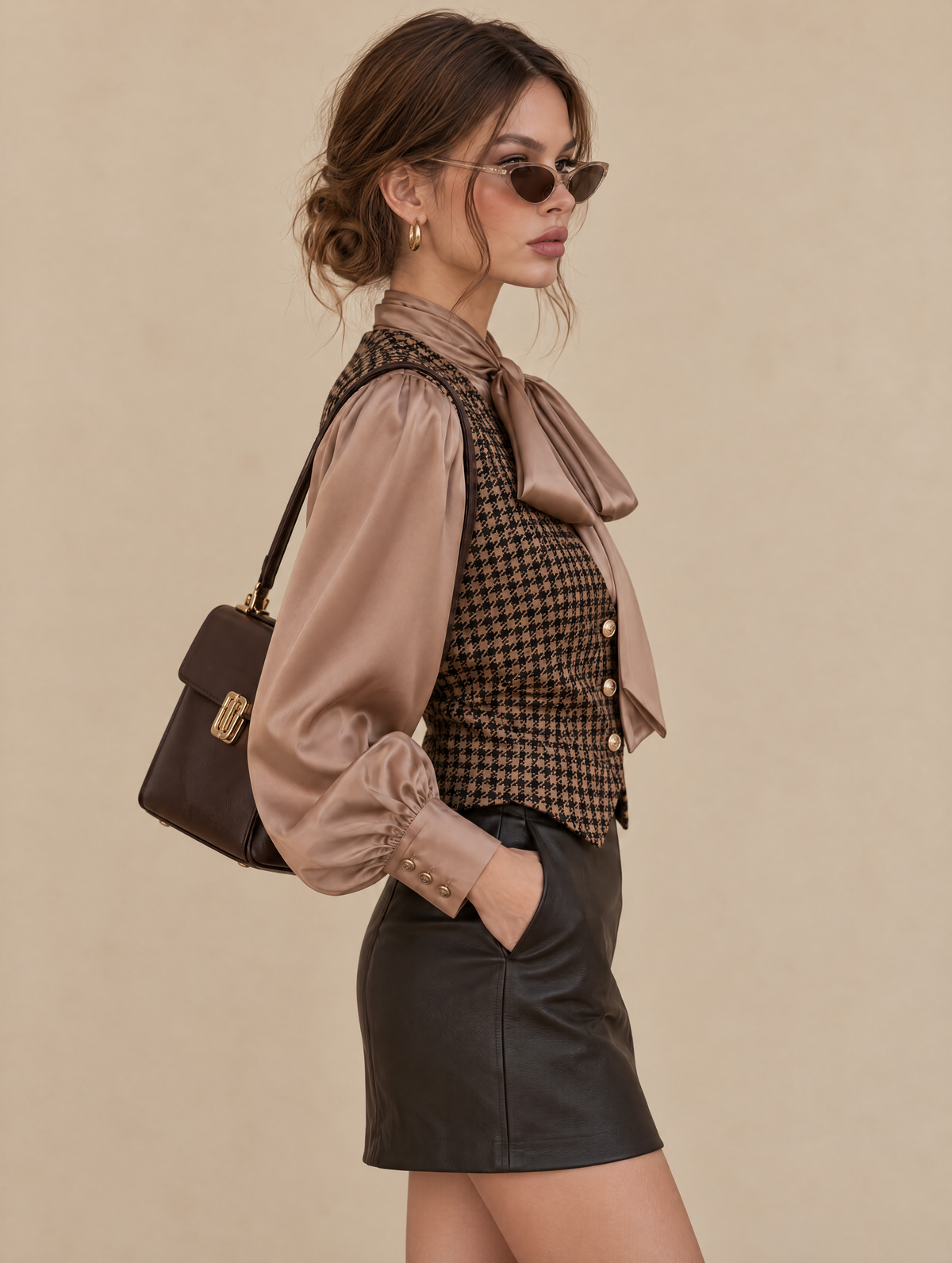 Two-in-one Style Top Featuring A Bow-tie Collar Shirt And A Houndstooth Vest