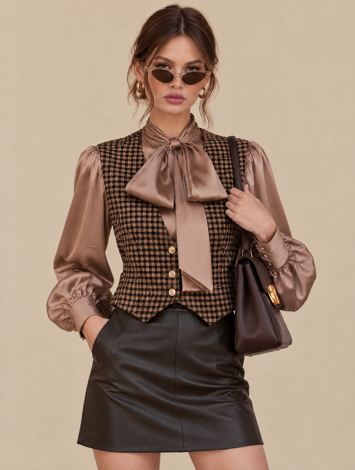 Two-in-one Style Top Featuring A Bow-tie Collar Shirt And A Houndstooth Vest