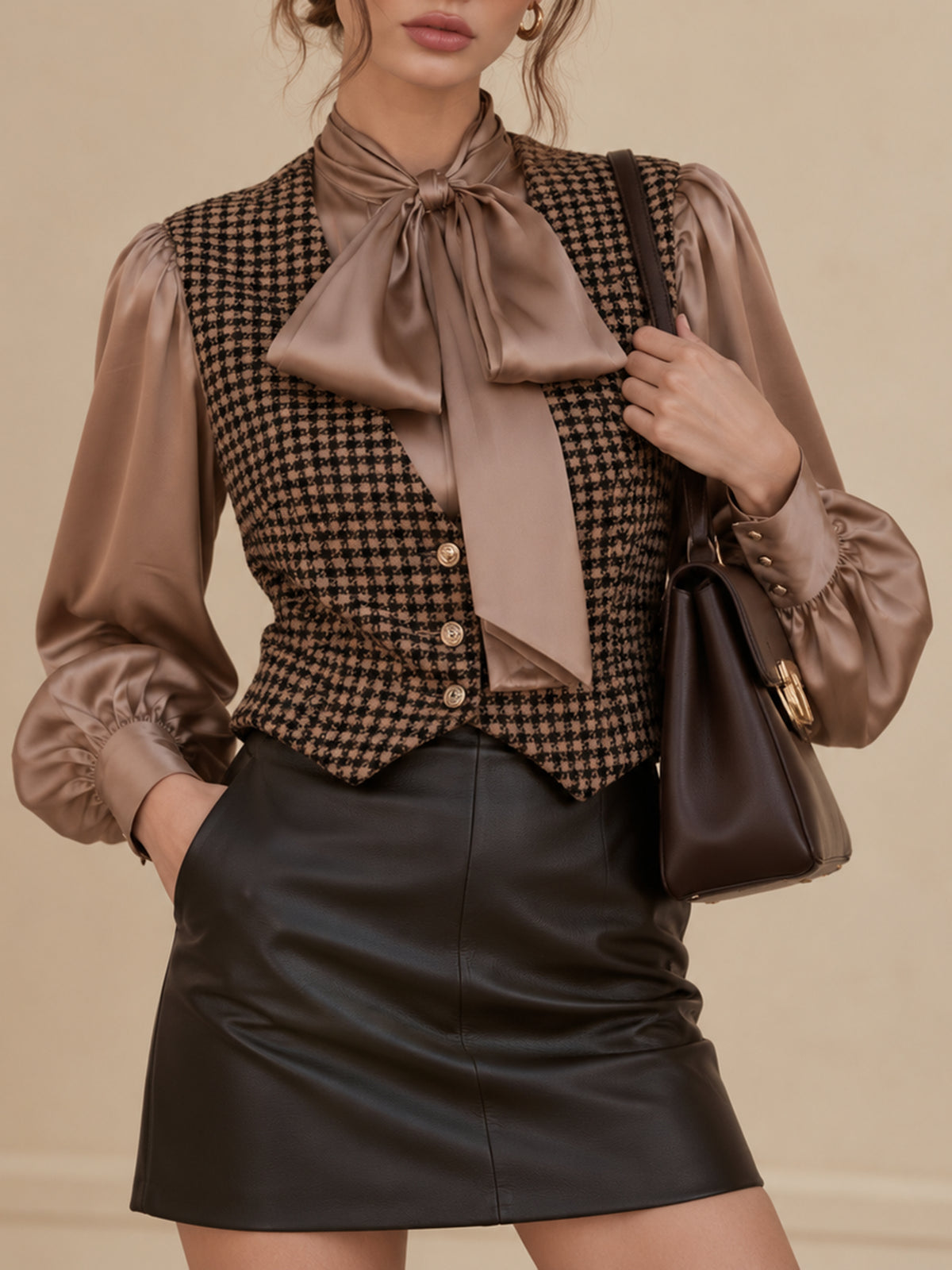 Two-in-one Style Top Featuring A Bow-tie Collar Shirt And A Houndstooth Vest