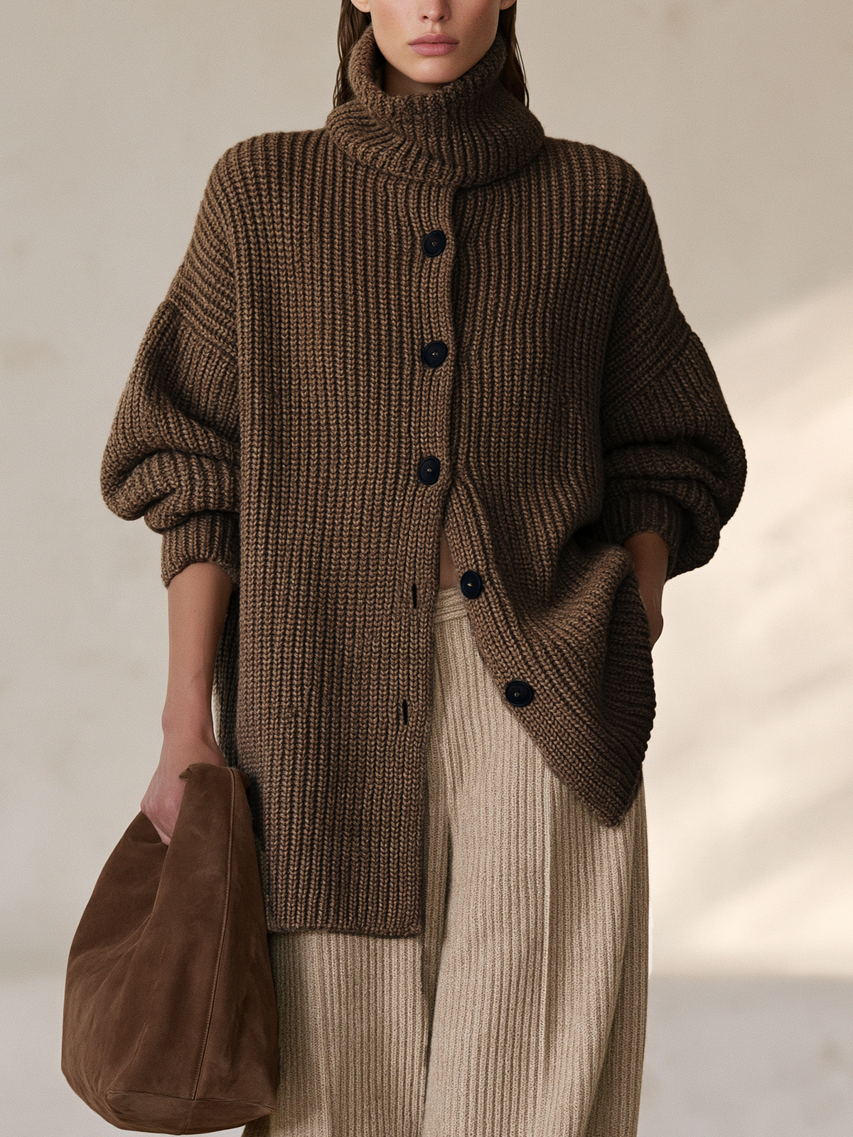 Coffee Brown Turtleneck Cardigan
