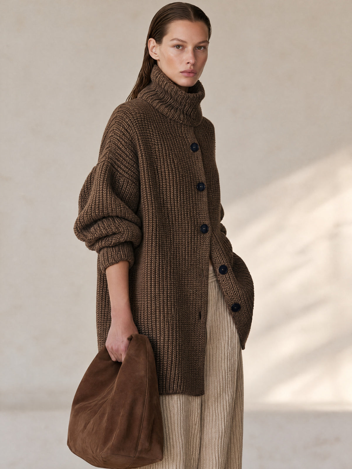 Coffee Brown Turtleneck Cardigan