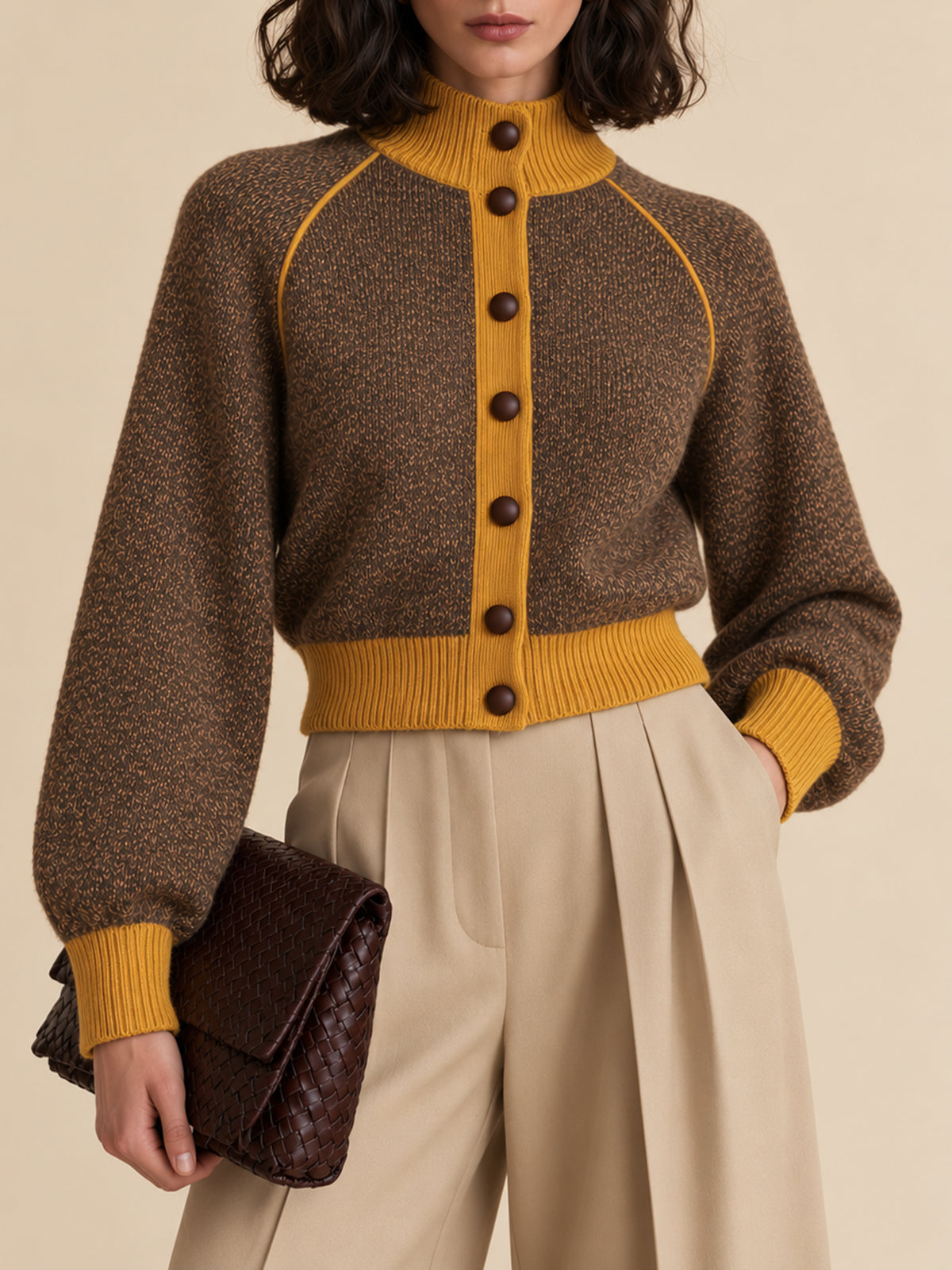 Brown Marled Cropped Cardigan With Mustard Trim