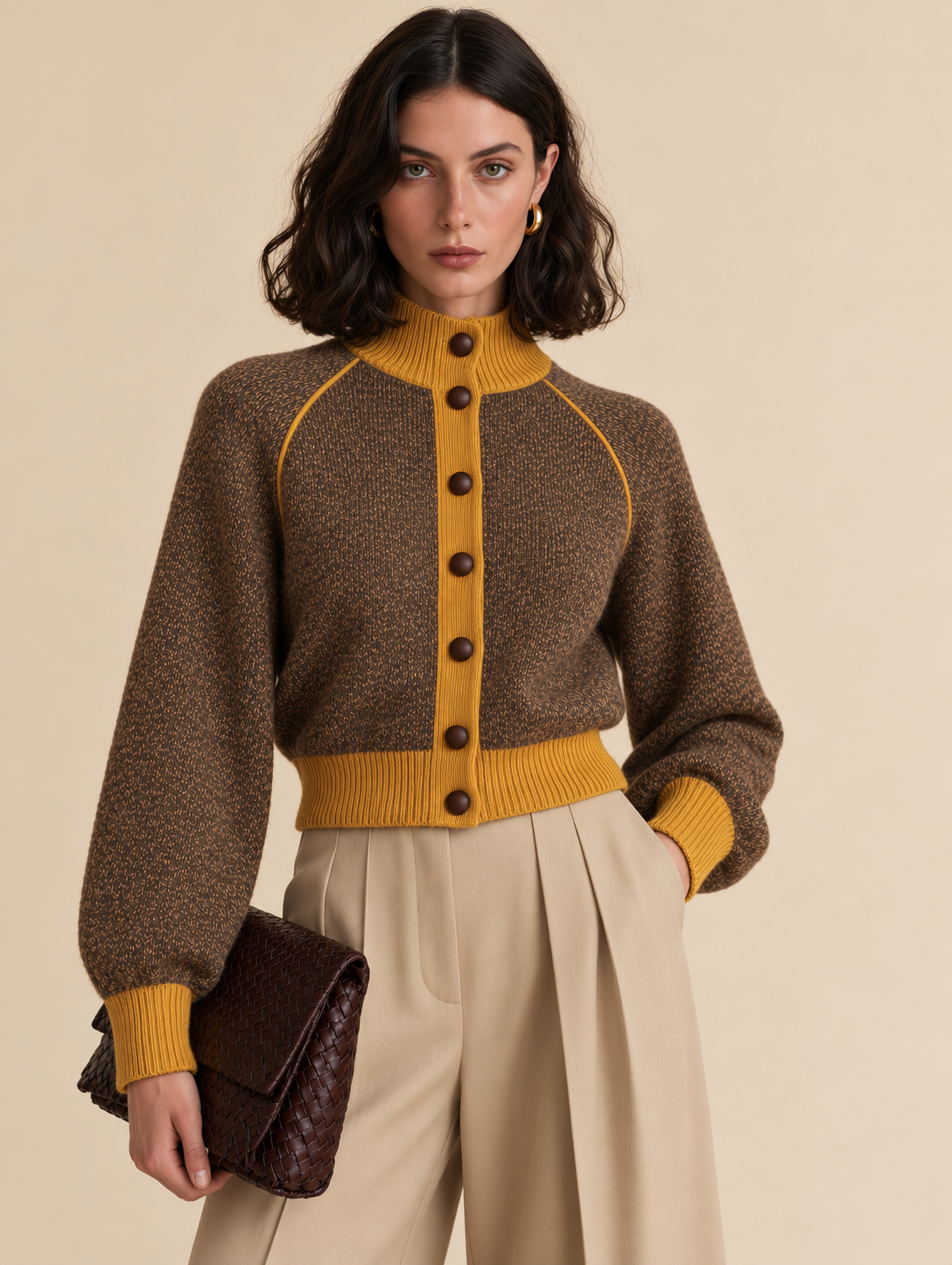 Brown Marled Cropped Cardigan With Mustard Trim