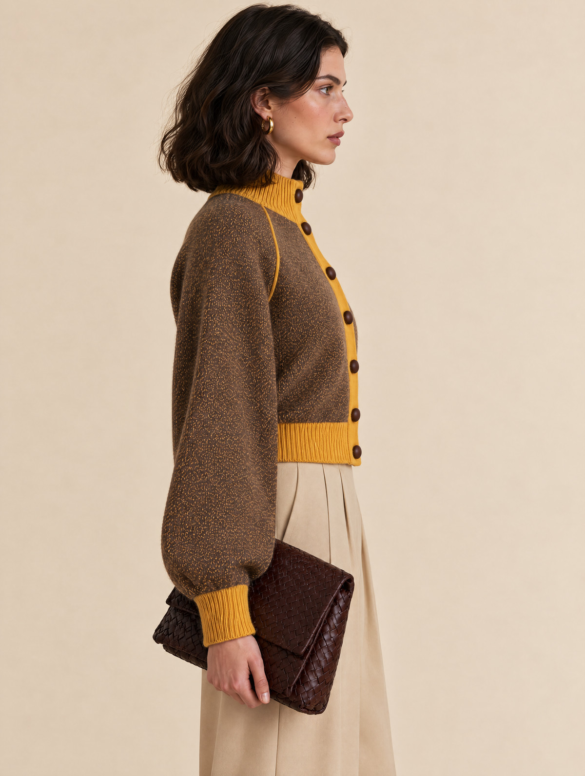 Brown Marled Cropped Cardigan With Mustard Trim
