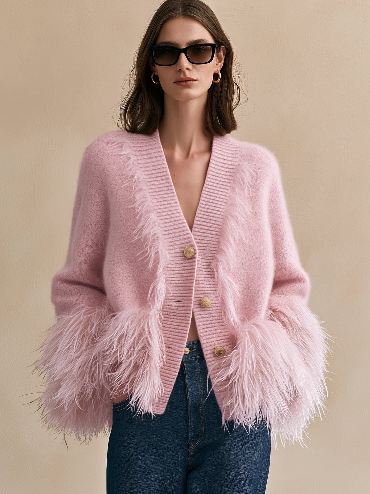Light Pink Fuzzy Trim Knit Cardigan