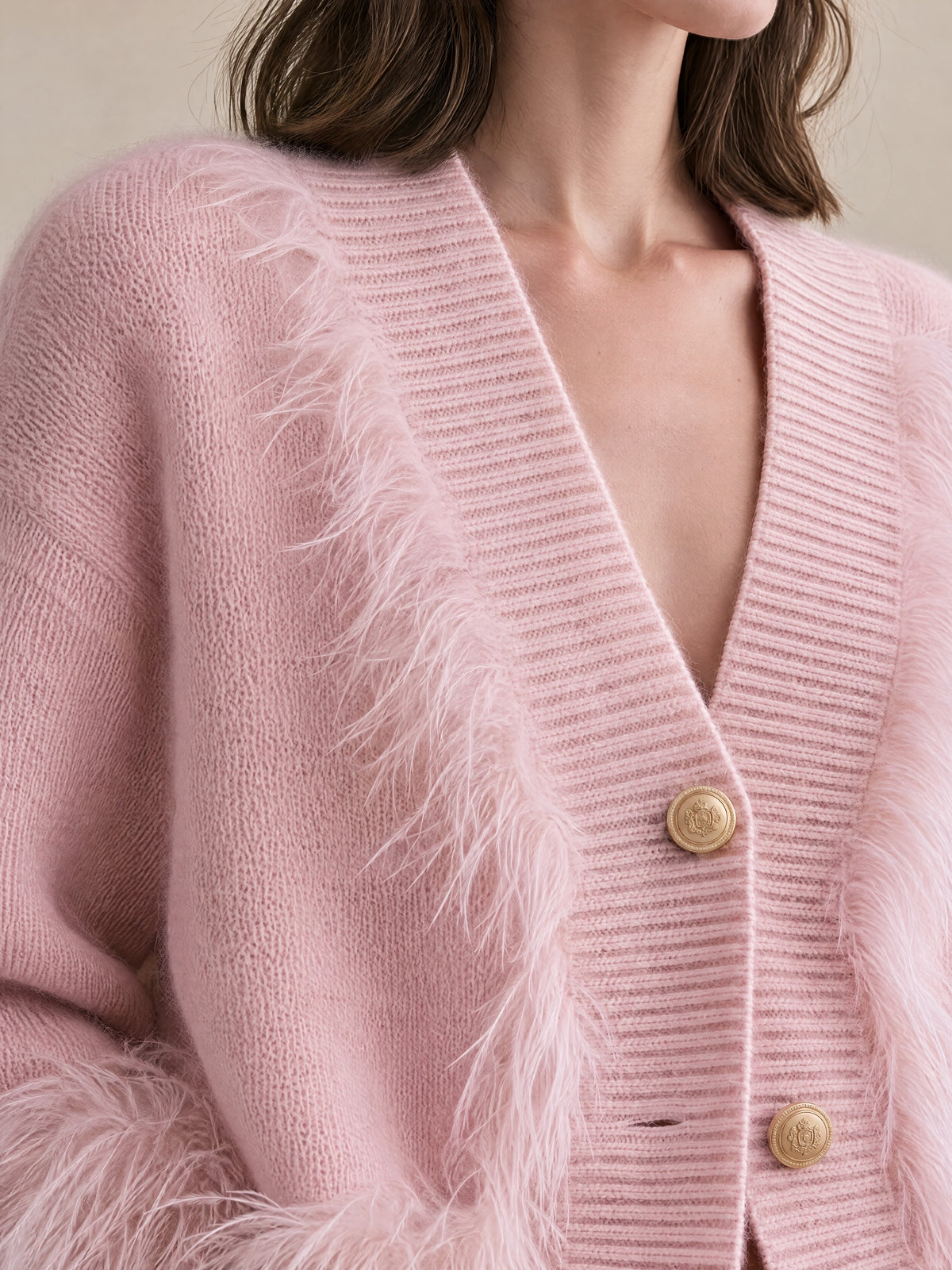 Light Pink Fuzzy Trim Knit Cardigan