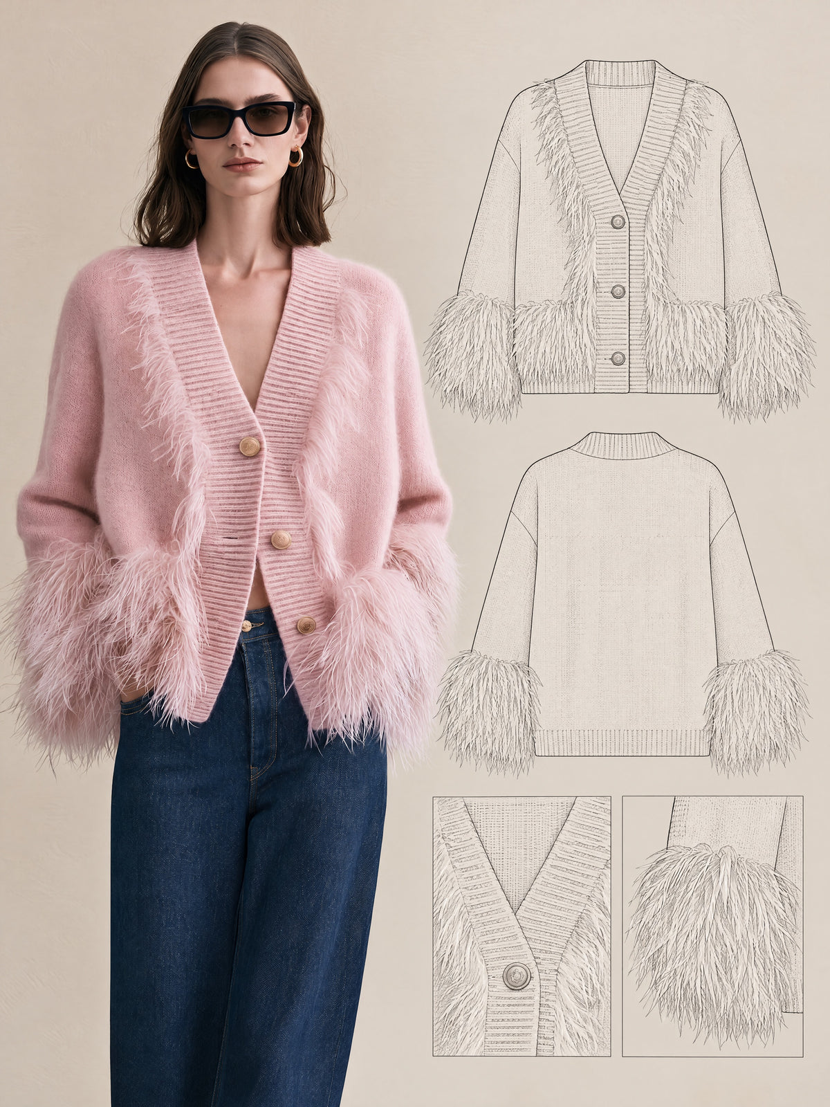 Light Pink Fuzzy Trim Knit Cardigan