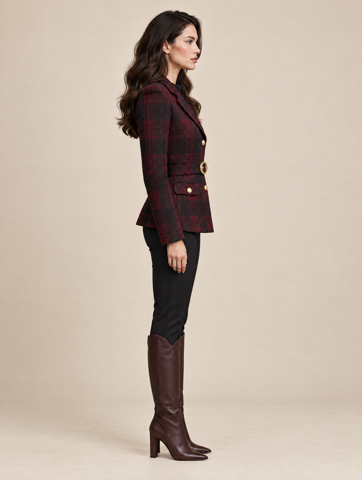 Red Plaid Blazer With A Cinched Waist