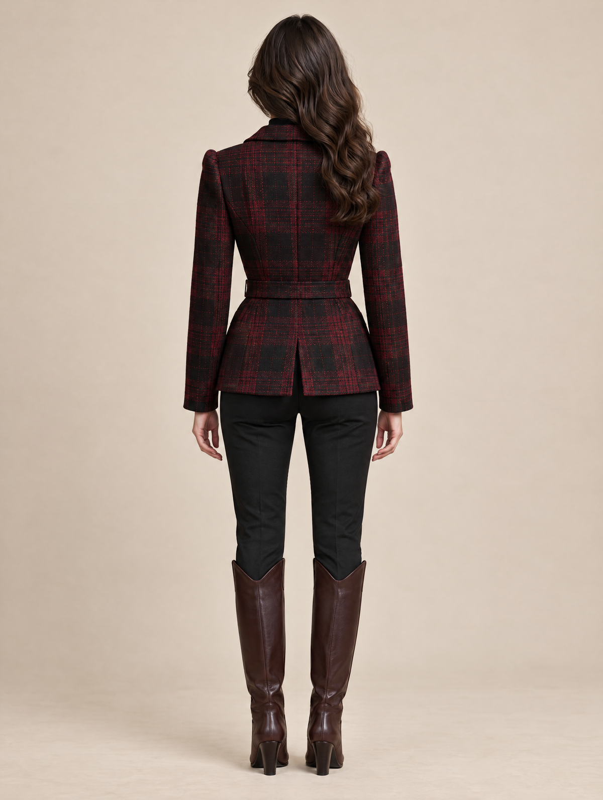 Red Plaid Blazer With A Cinched Waist