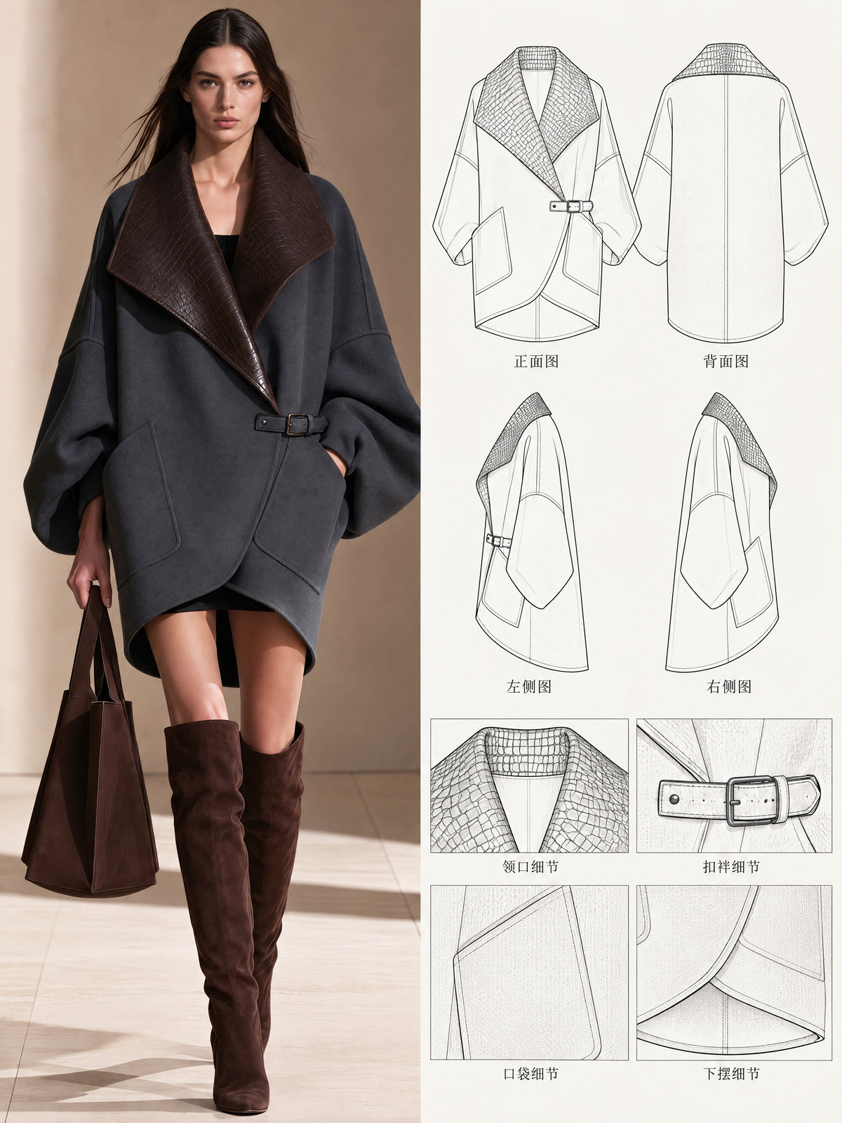 Charcoal Grey Brown Faux Leather Lapel Collar Coat Outerwear