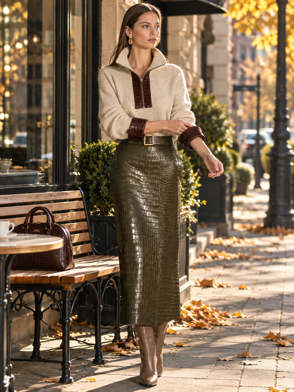 Olive Green Croc Embossed Faux Leather Midi Skirt