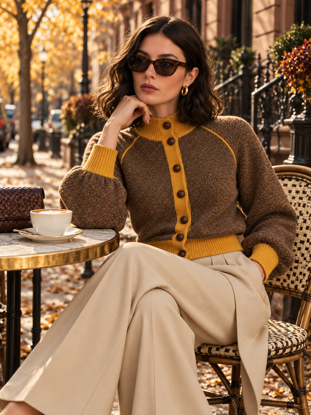 Brown Marled Cropped Cardigan With Mustard Trim