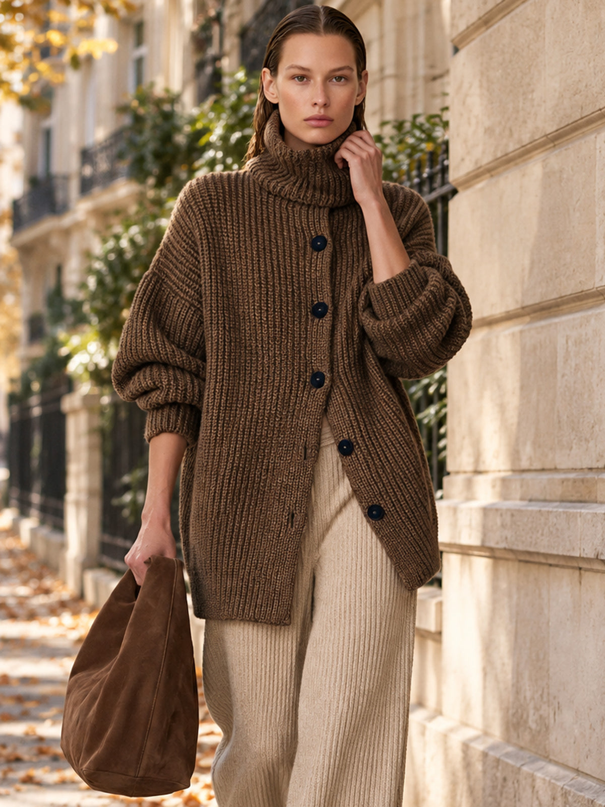 Coffee Brown Turtleneck Cardigan