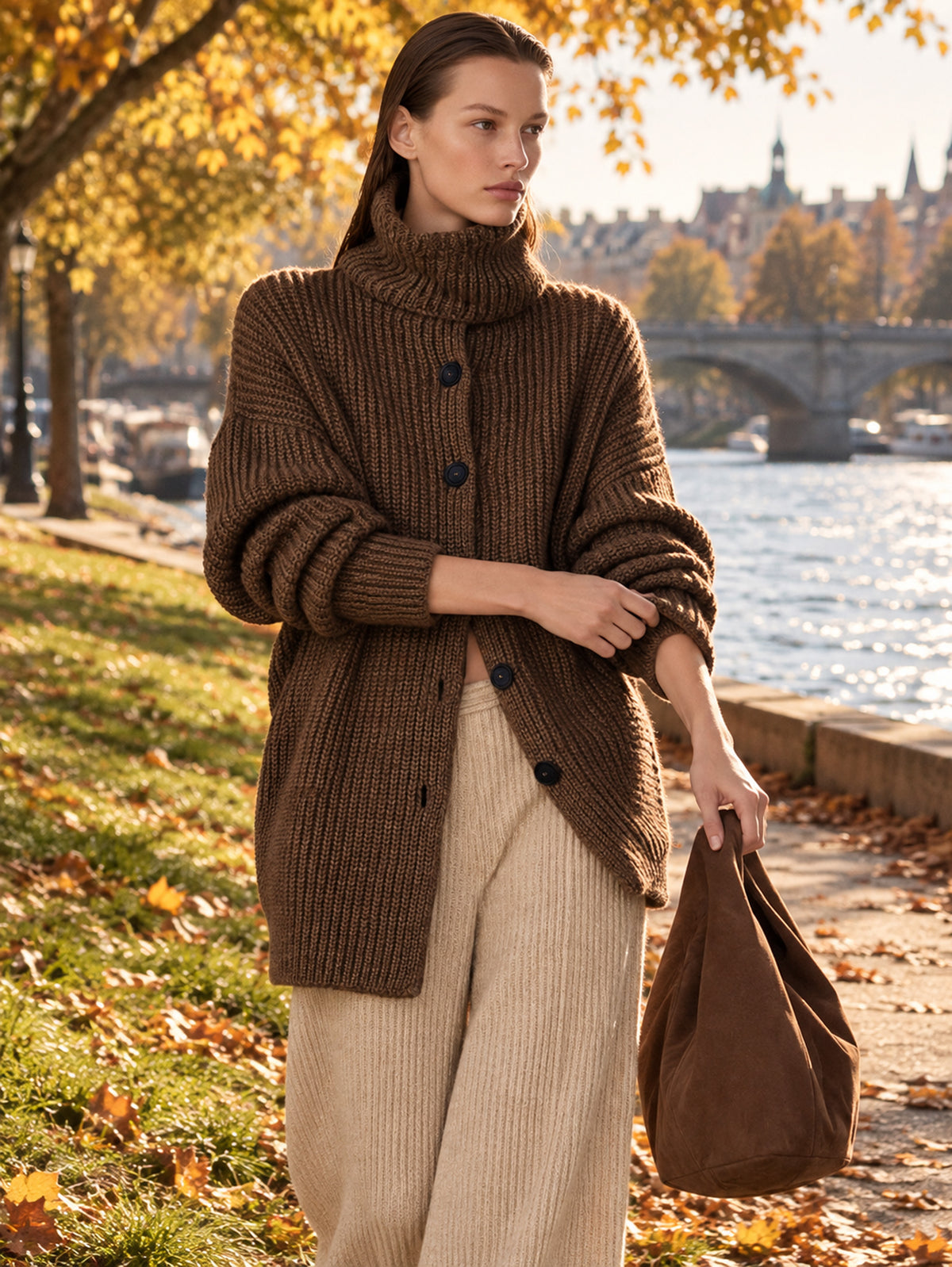 Coffee Brown Turtleneck Cardigan