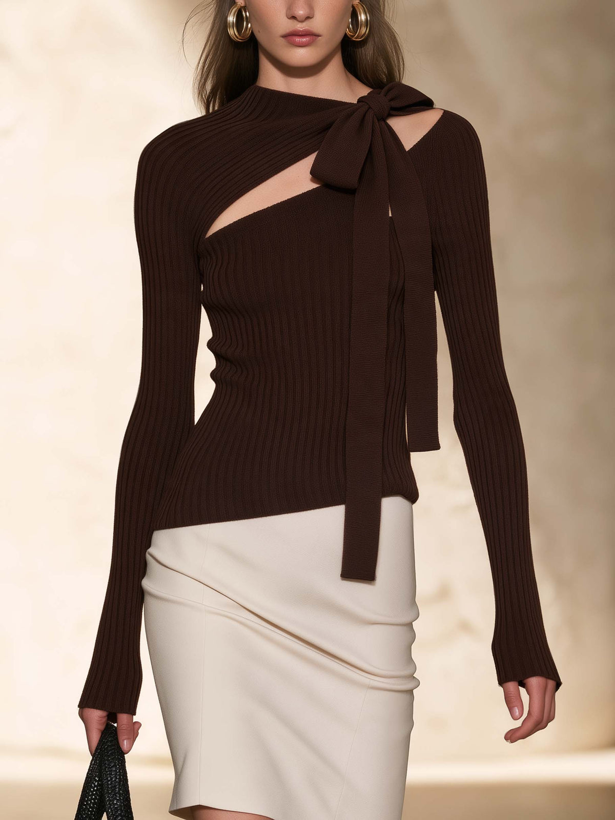Brown Asymmetric Cutout & Bow Ribbed Knit Top Pullover