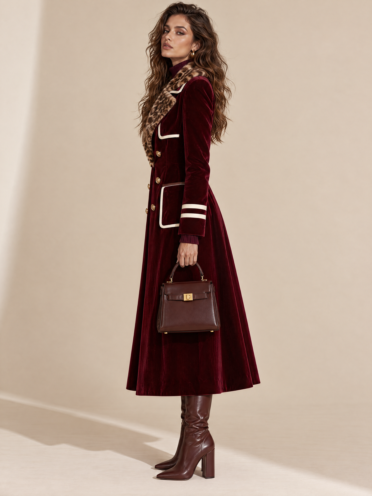 Leopard Fur Collar Burgundy Velvet Coat