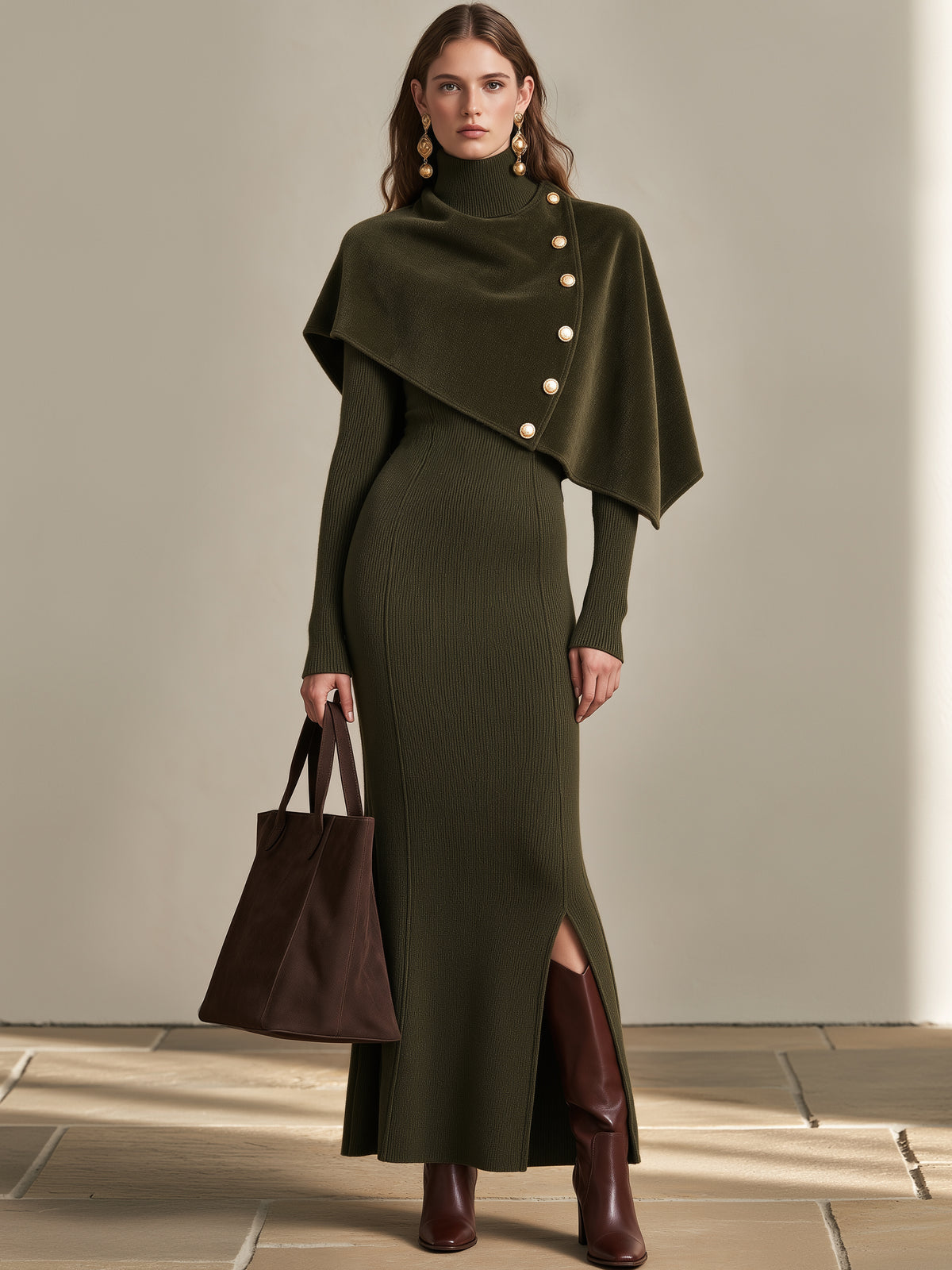 Olive Green Knit Turtleneck Maxi Dress & Suede Buttoned Cape
