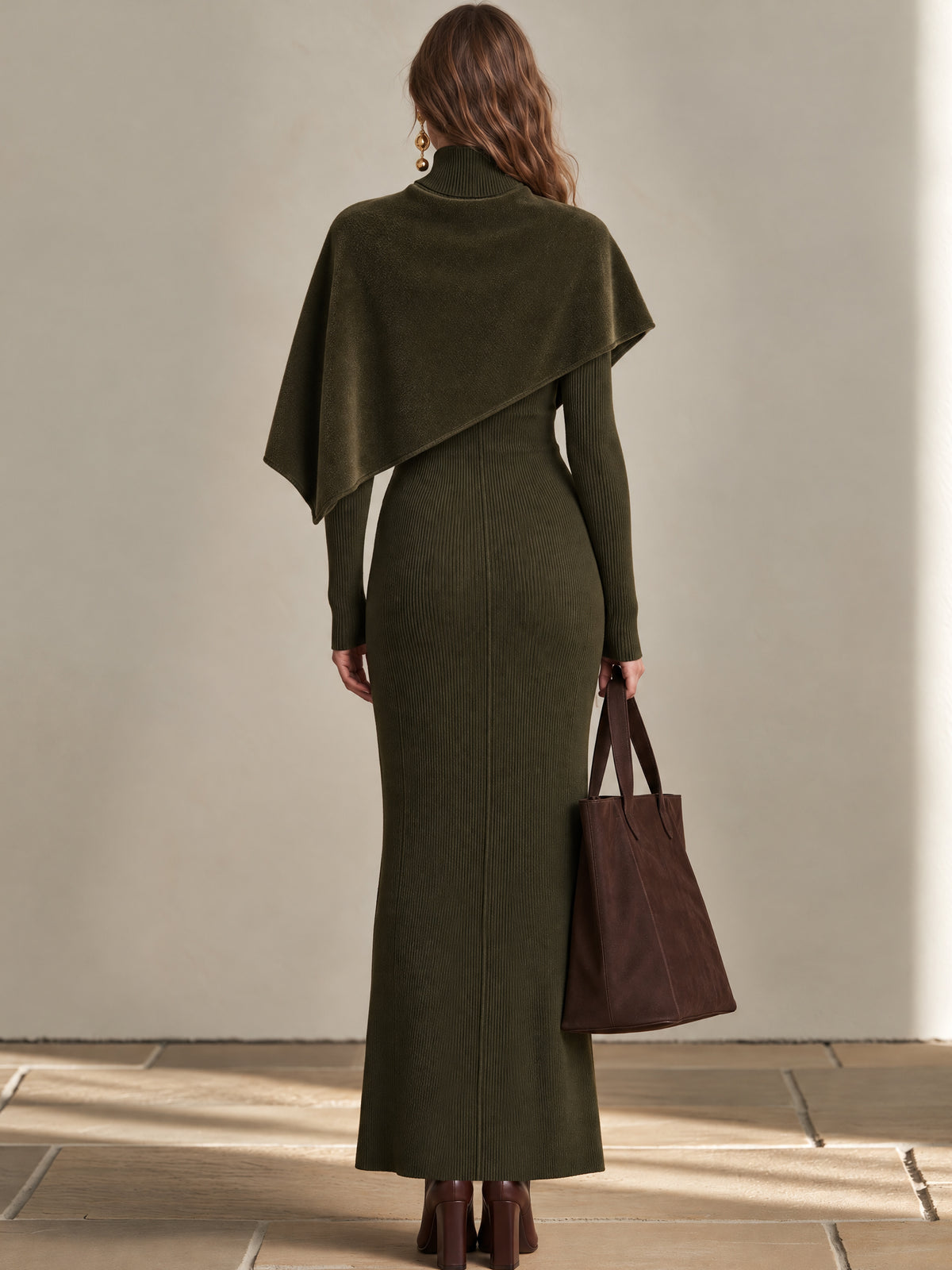 Olive Green Knit Turtleneck Maxi Dress & Suede Buttoned Cape