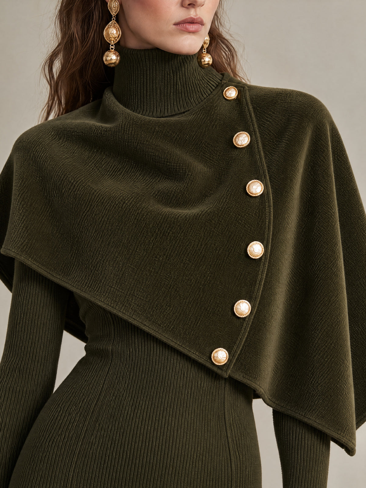 Olive Green Knit Turtleneck Maxi Dress & Suede Buttoned Cape