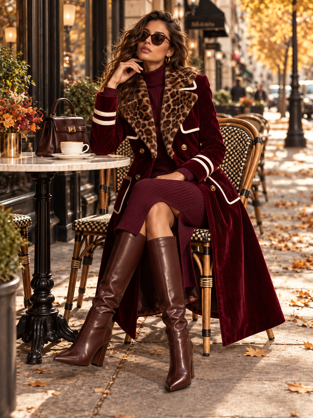 Leopard Fur Collar Burgundy Velvet Coat