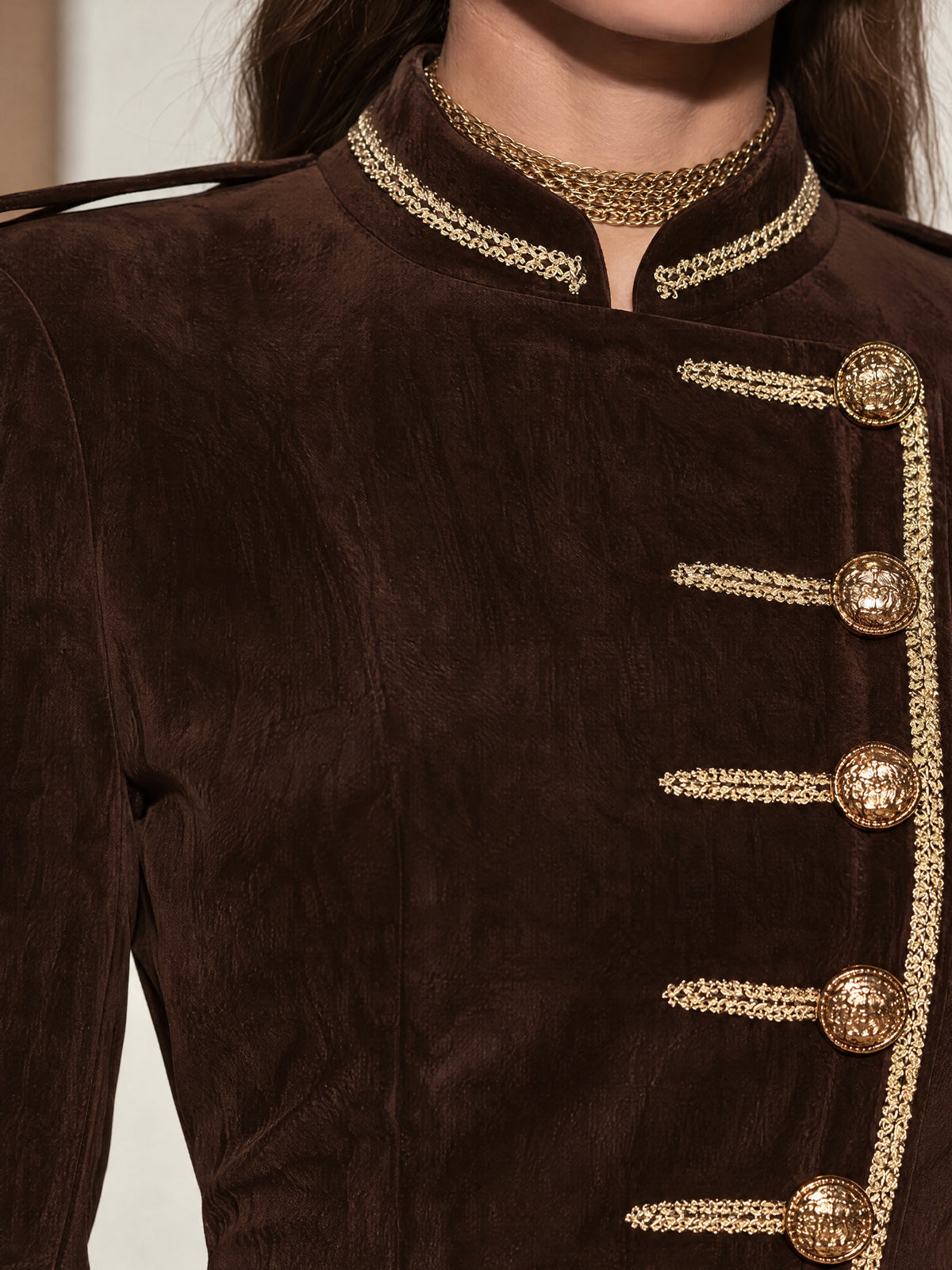 Brown Velvet Diagonal Button Mini Dress