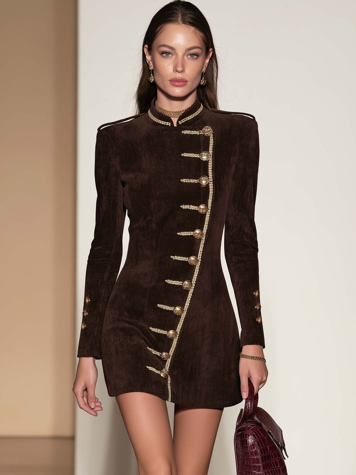 Brown Velvet Diagonal Button Mini Dress
