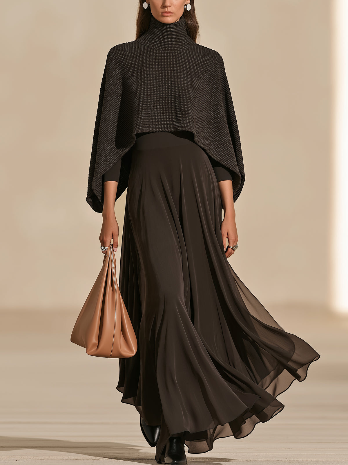 Turtleneck Waffle Knit Cropped Cape & Chiffon Maxi Dress Set