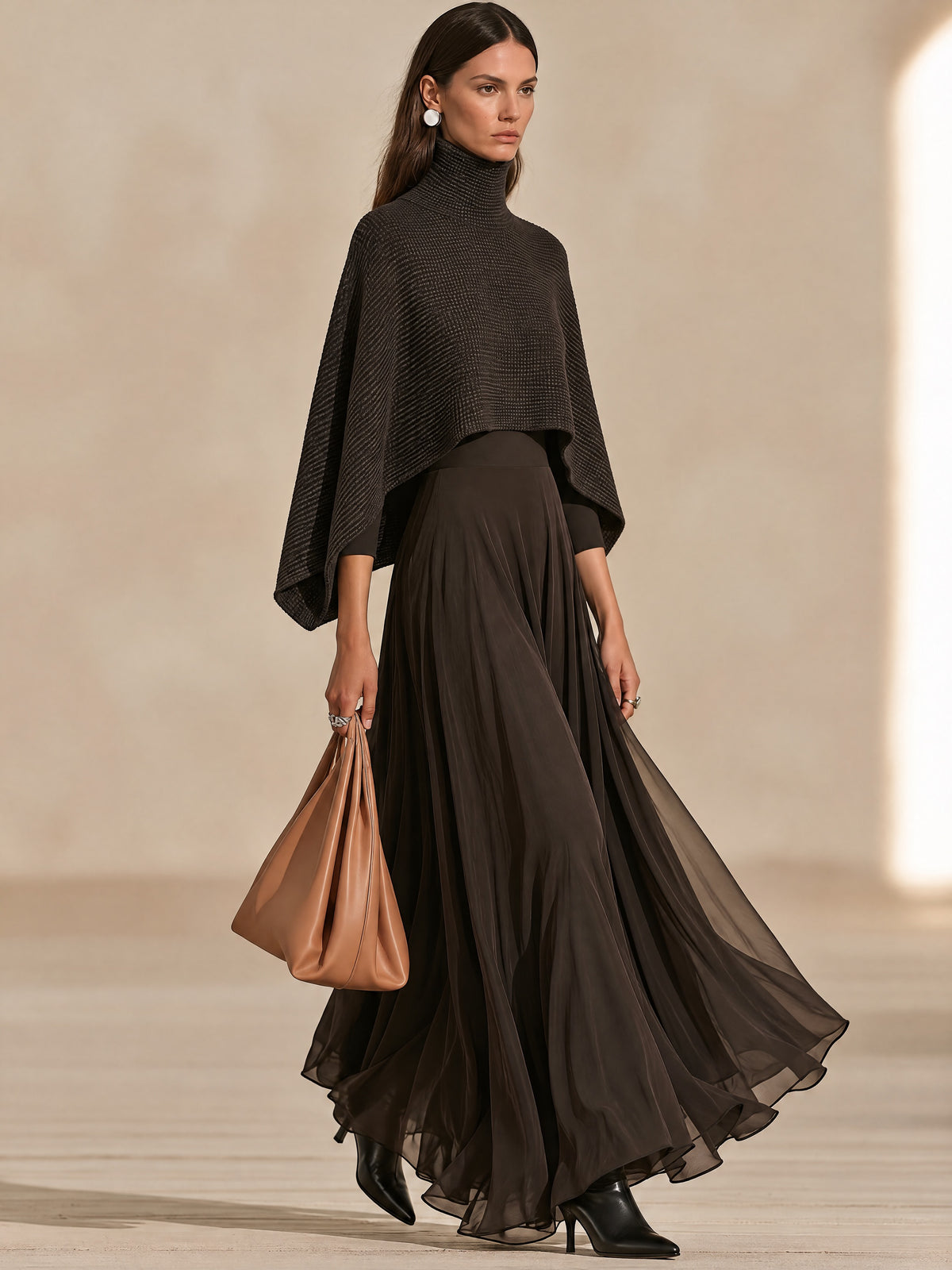 Turtleneck Waffle Knit Cropped Cape & Chiffon Maxi Dress Set