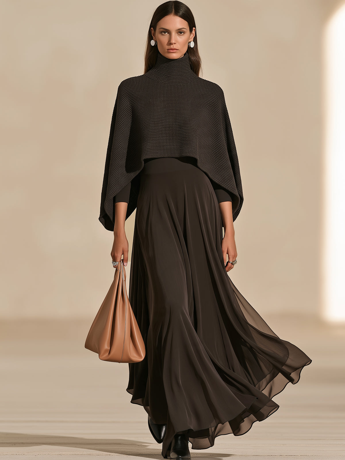 Turtleneck Waffle Knit Cropped Cape & Chiffon Maxi Dress Set