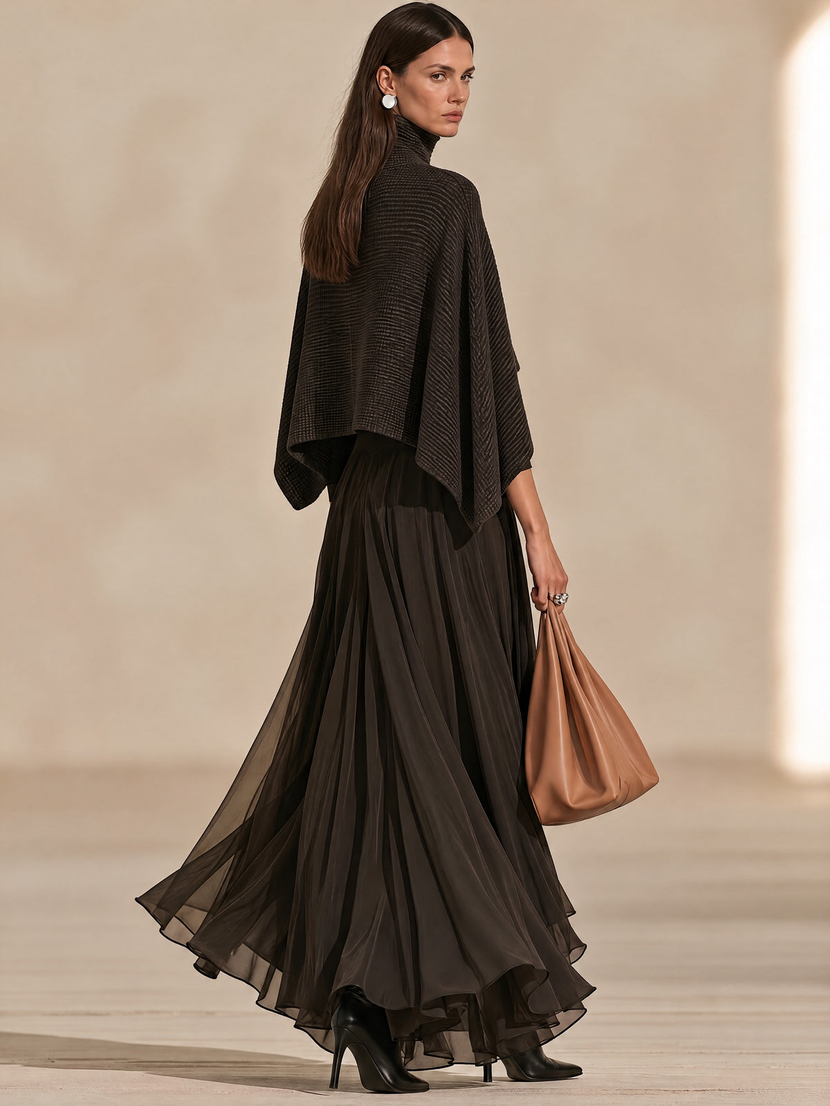 Turtleneck Waffle Knit Cropped Cape & Chiffon Maxi Dress Set