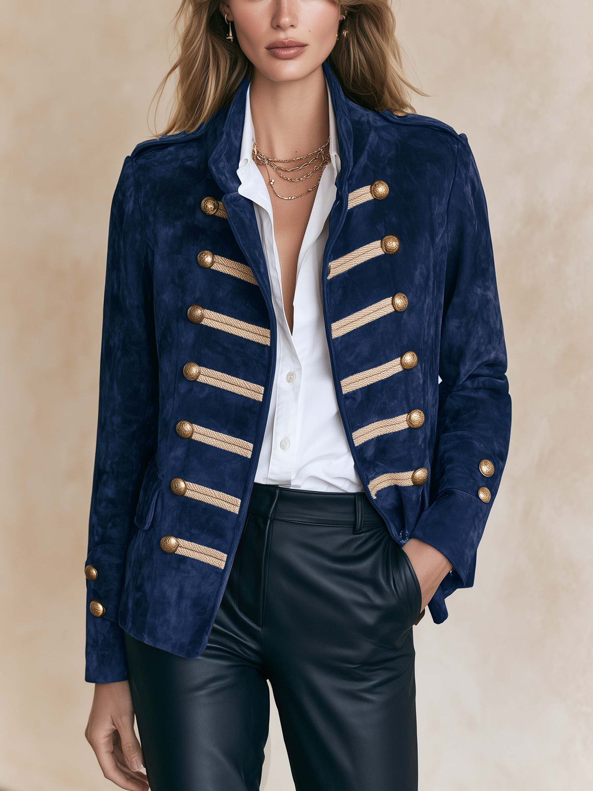 Stand Collar Faux Suede Gold Braid Double Breasted Jacket