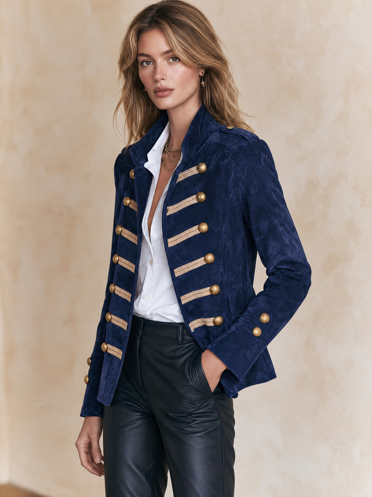Stand Collar Faux Suede Gold Braid Double Breasted Jacket
