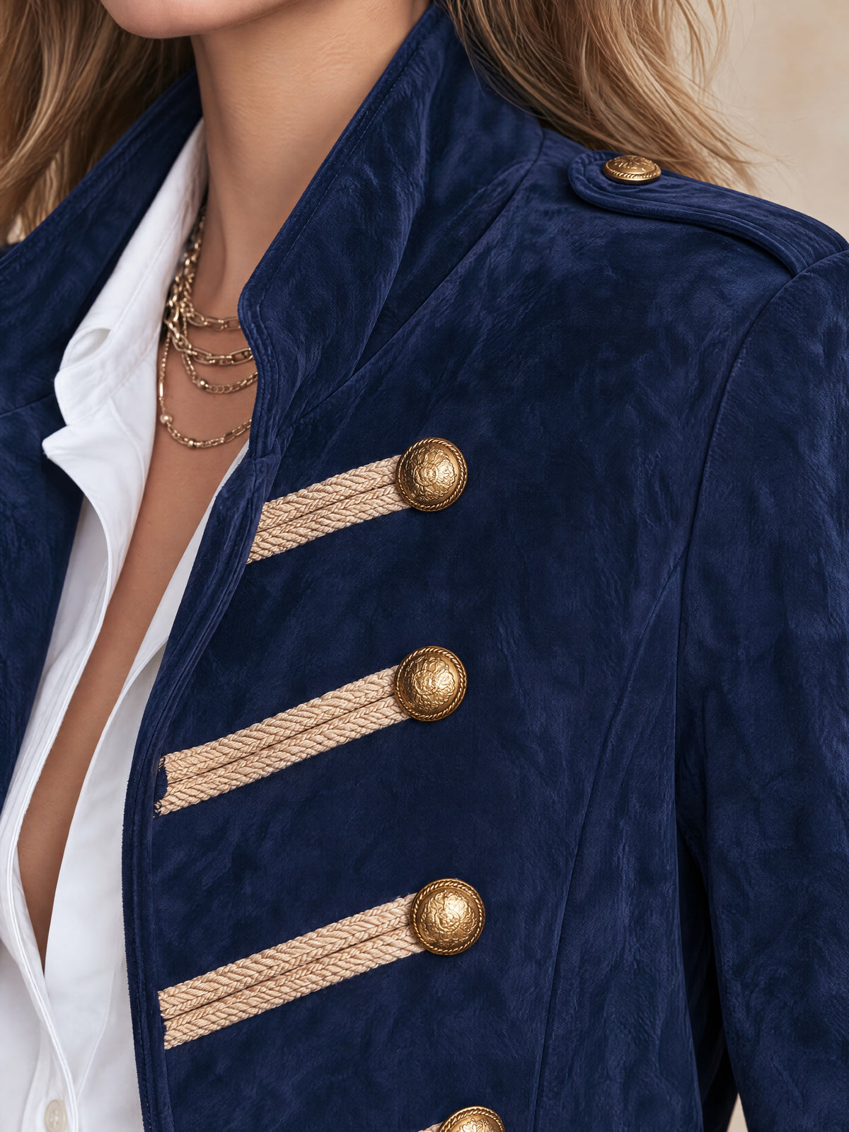 Stand Collar Faux Suede Gold Braid Double Breasted Jacket