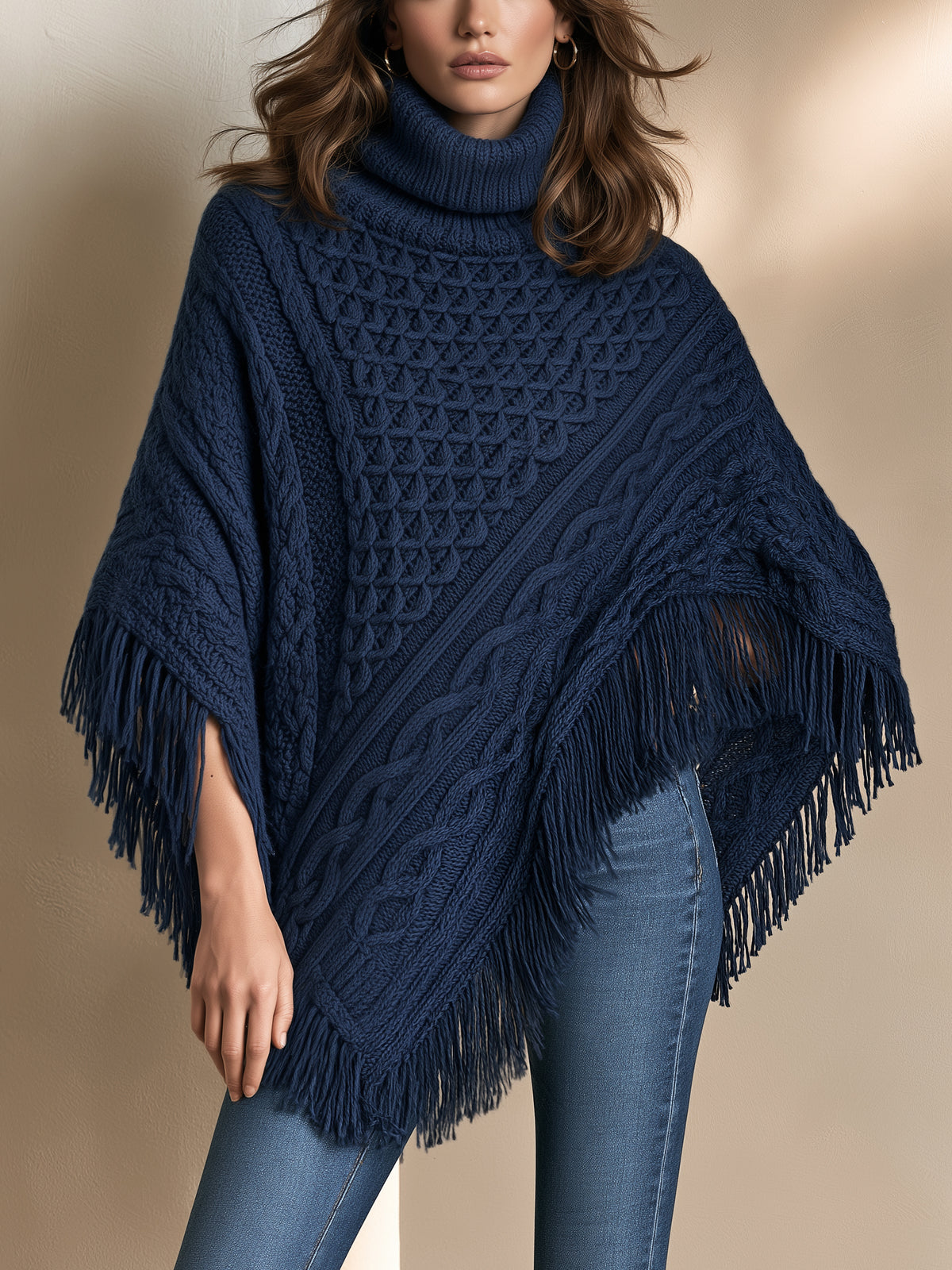 Navy Cable Knit Turtleneck Fringe Hem Poncho
