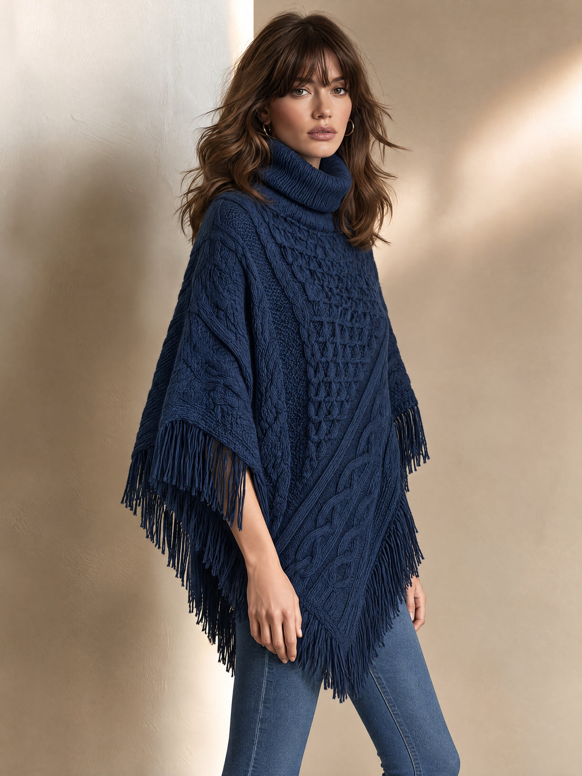 Navy Cable Knit Turtleneck Fringe Hem Poncho