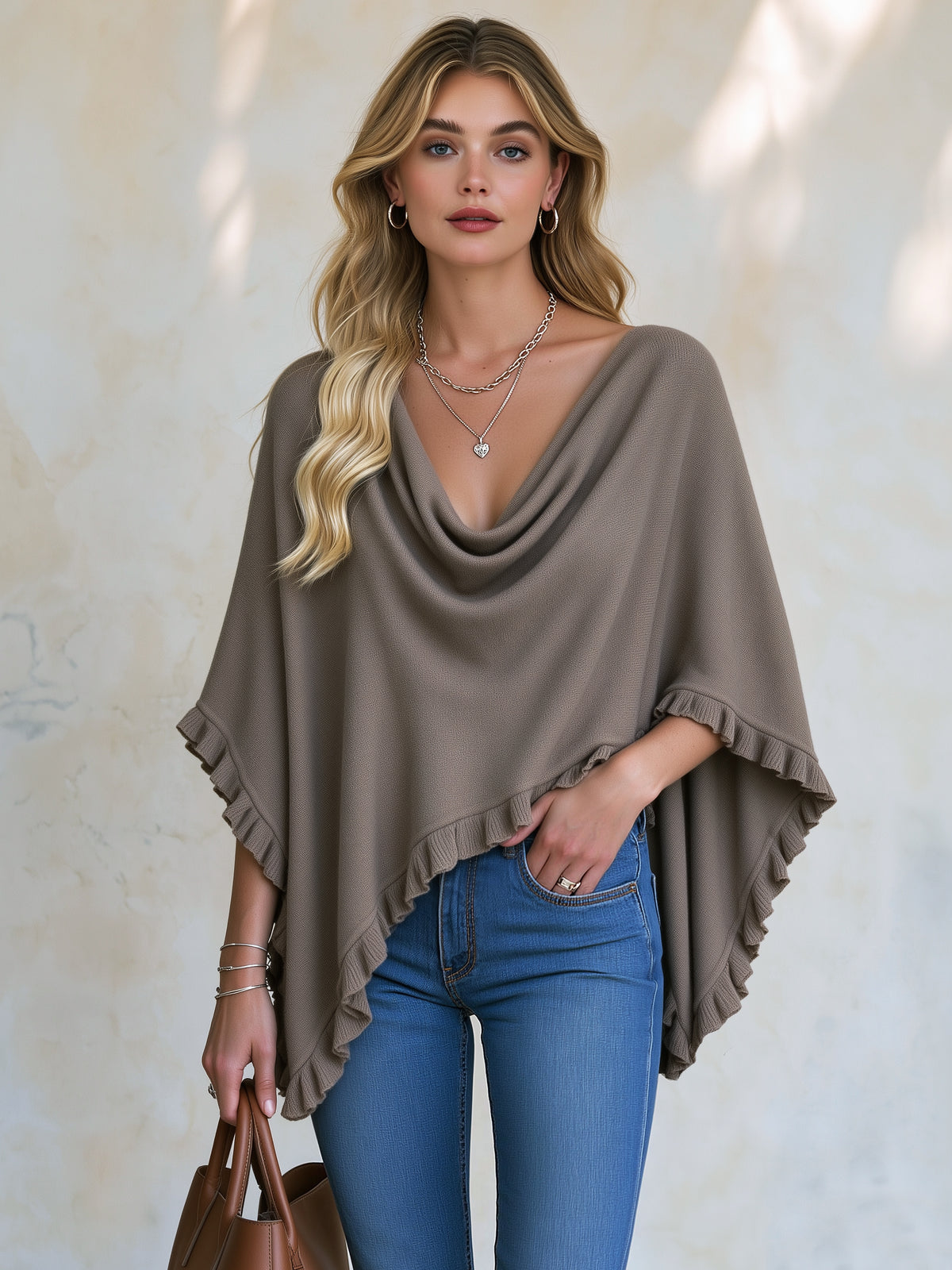 Taupe Cowl Neck Ruffle Hem Poncho Knit Top