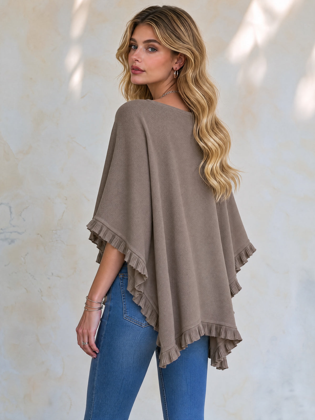 Taupe Cowl Neck Ruffle Hem Poncho Knit Top