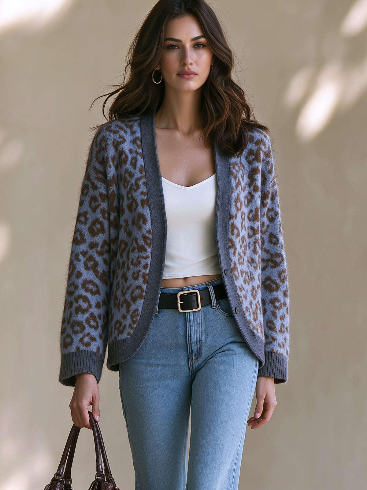 Blue Leopard Knit Cardigan Sweater