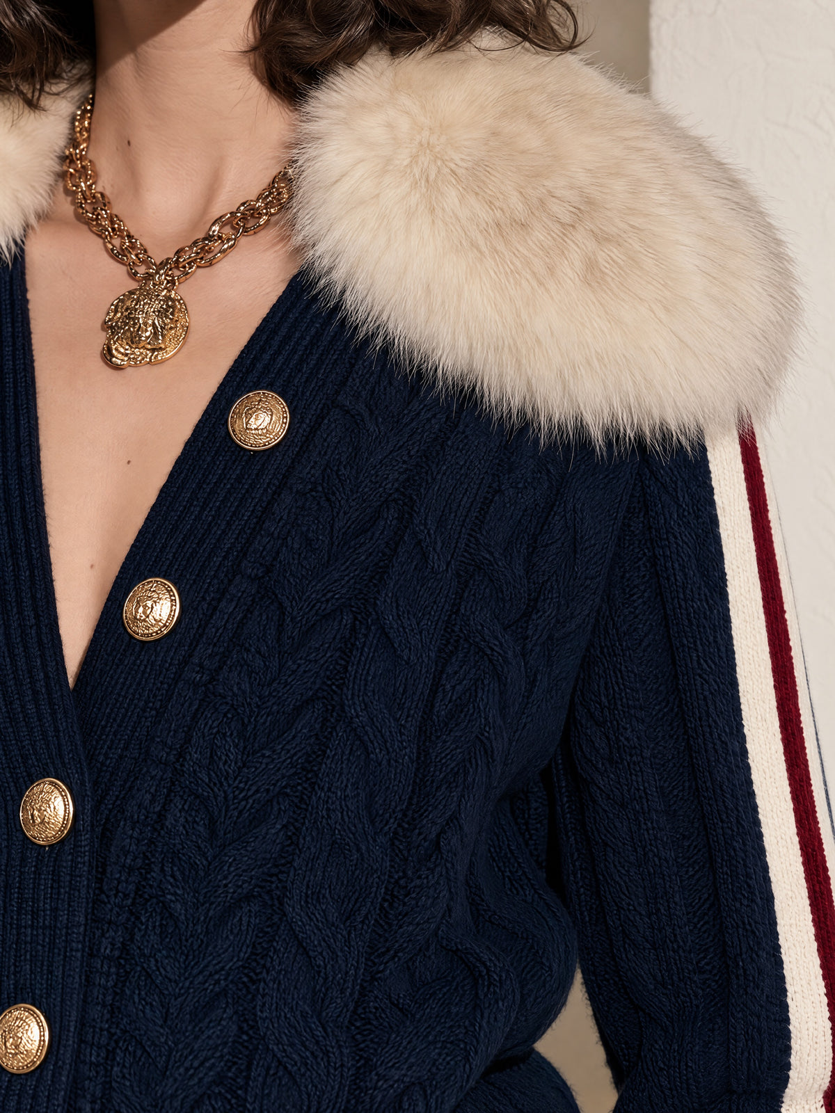 Navy Fuzzy Collar Cable Knit Cardigan