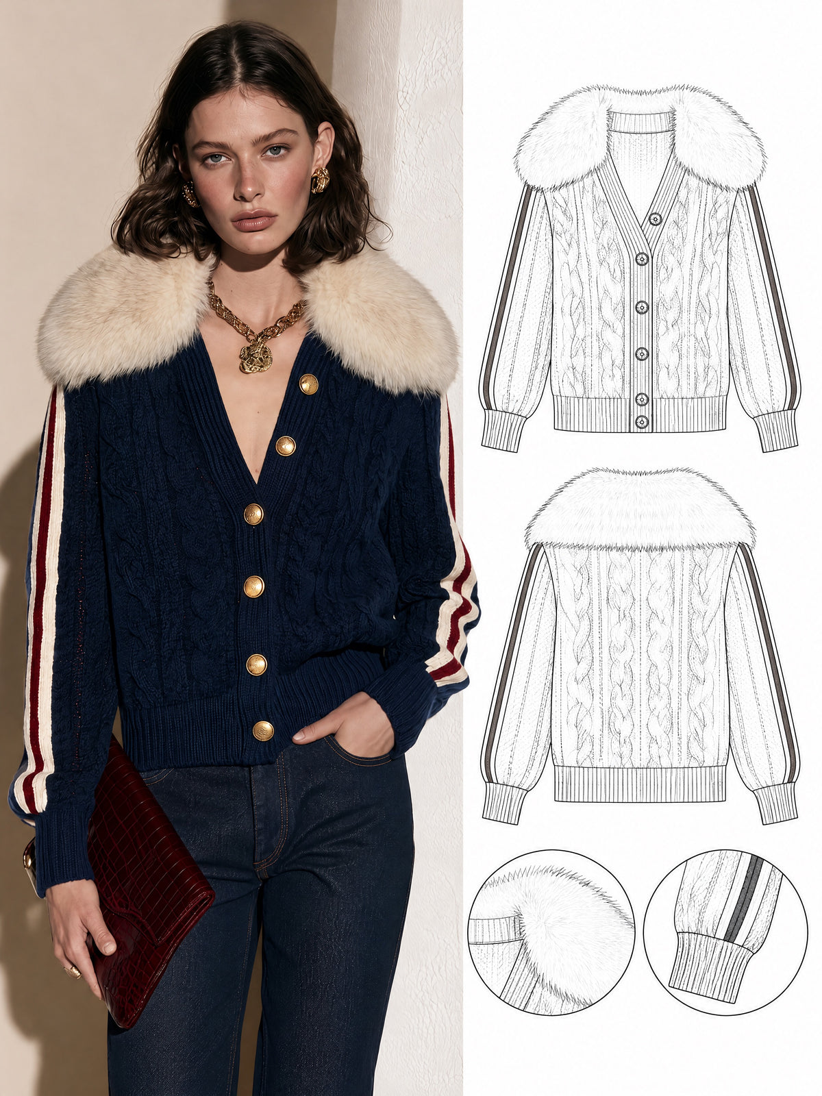 Navy Fuzzy Collar Cable Knit Cardigan