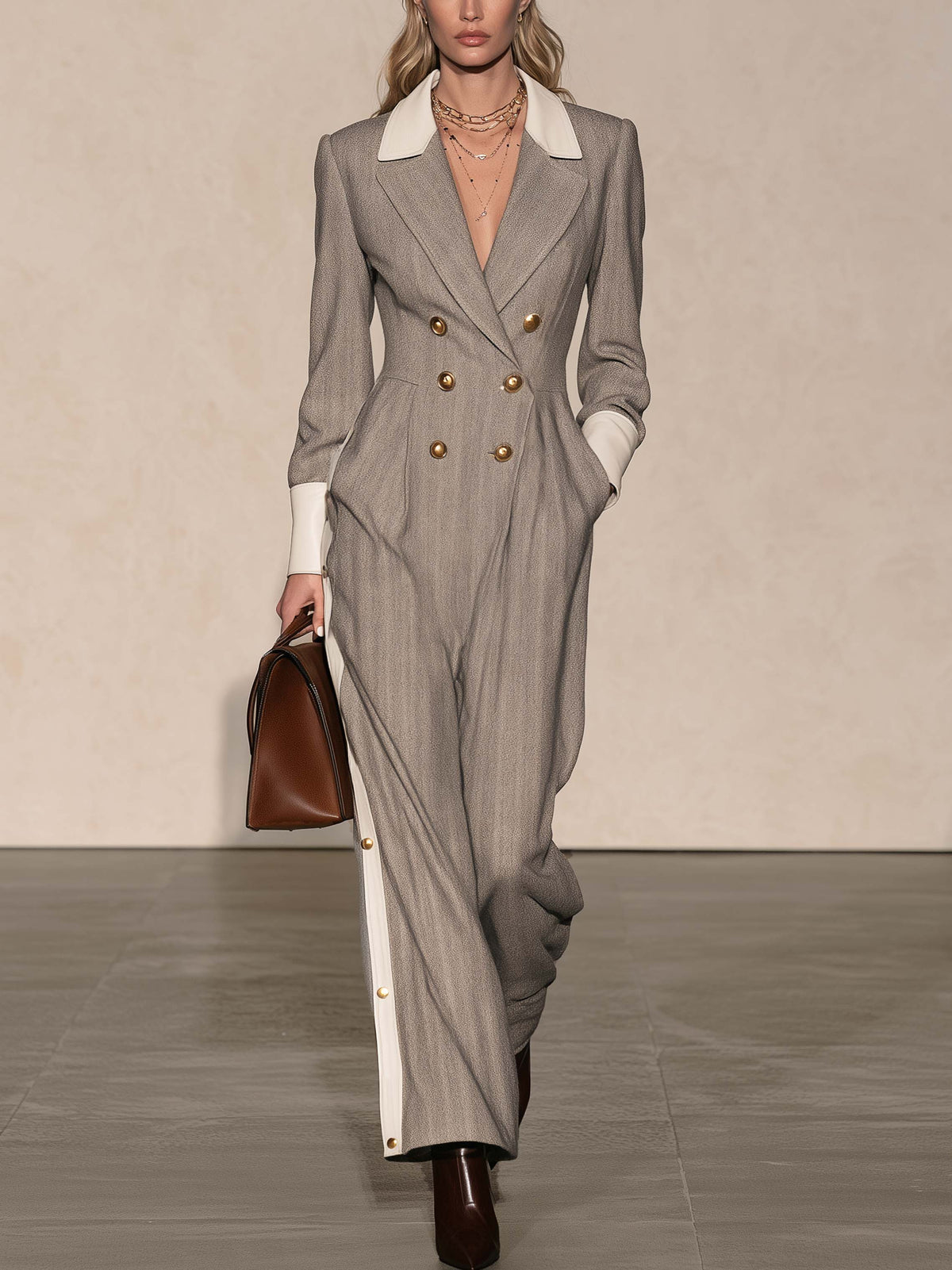 Grey White Collared Herringbone Jumpsuit