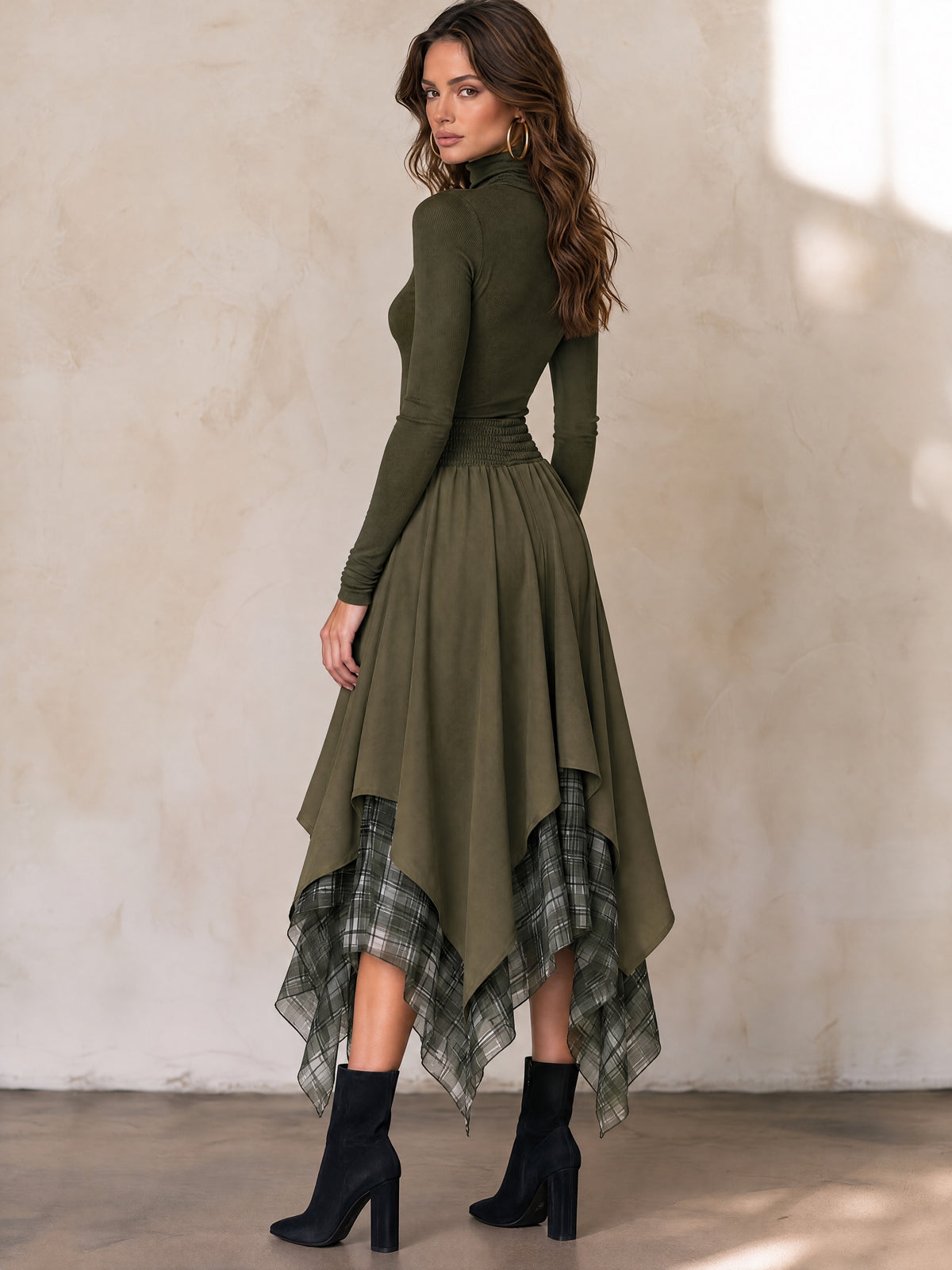 Olive Green Mock Neck Asymmetric Plaid Hem Midi Dress
