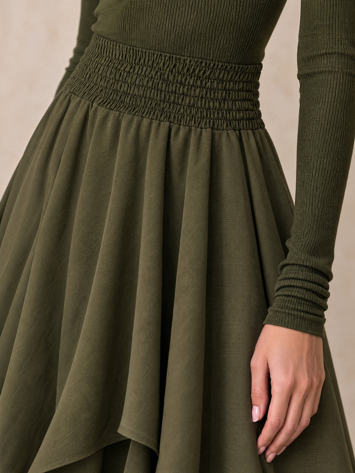 Olive Green Mock Neck Asymmetric Plaid Hem Midi Dress