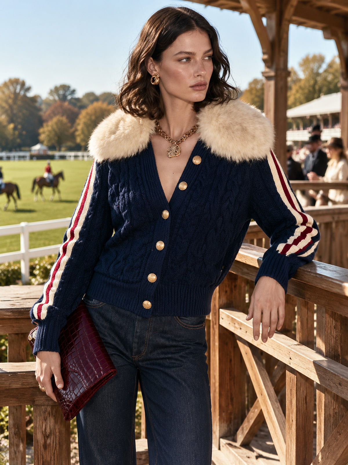Navy Fuzzy Collar Cable Knit Cardigan