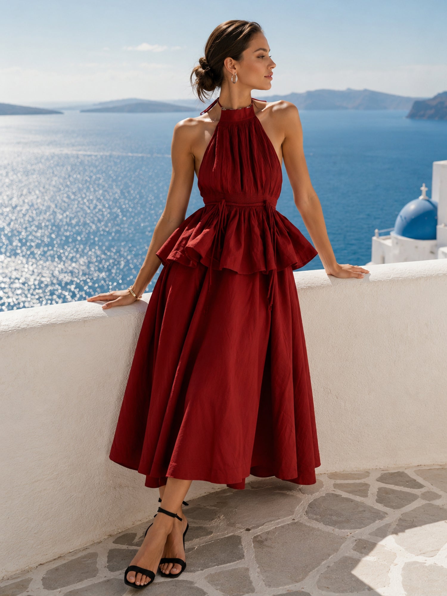 Liserie Sunset Red Backless Halter Maxi Dress set