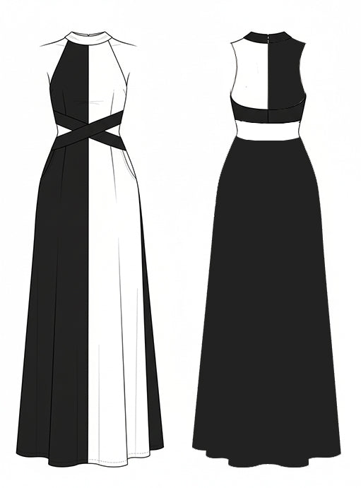 Liserie Elegant Black White Contrast Evening Maxi Dress