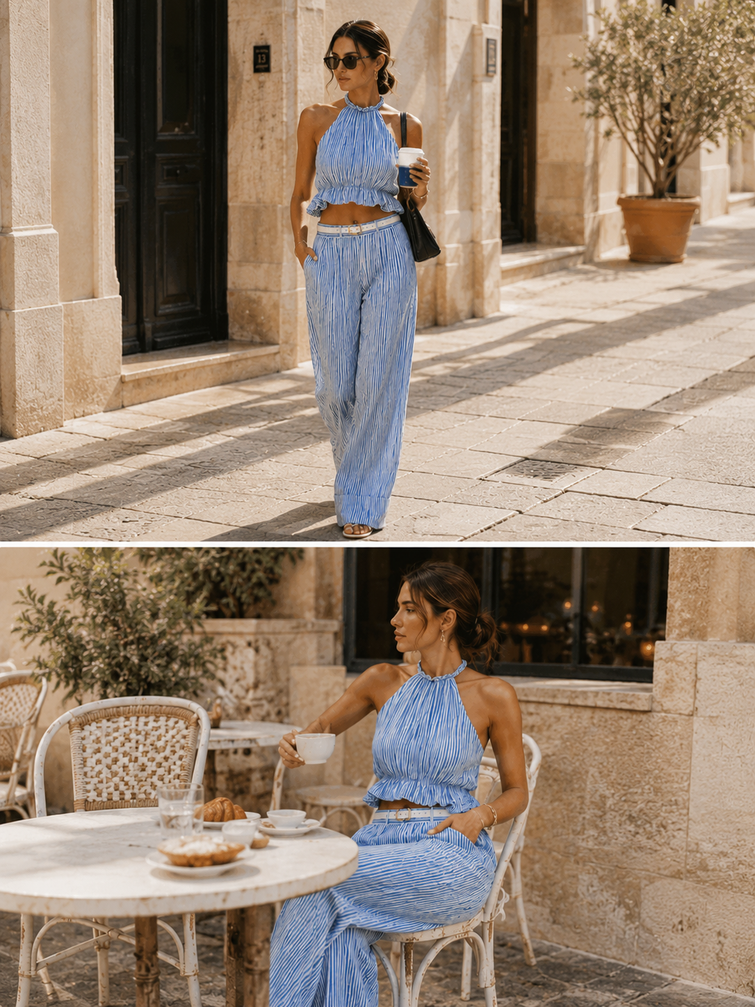Liserie Striped Pleated Halter Neck Pant Set