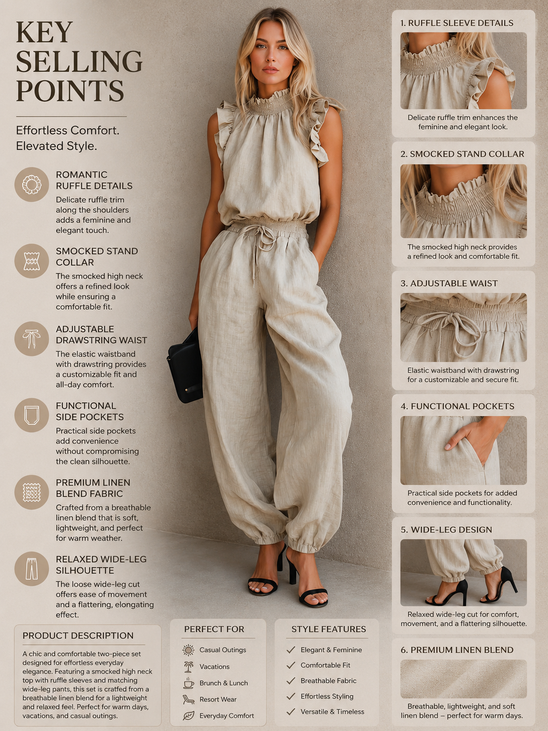Liserie Oatmeal Linen Ruffle Neck Top & Drawstring Pants Casual Set